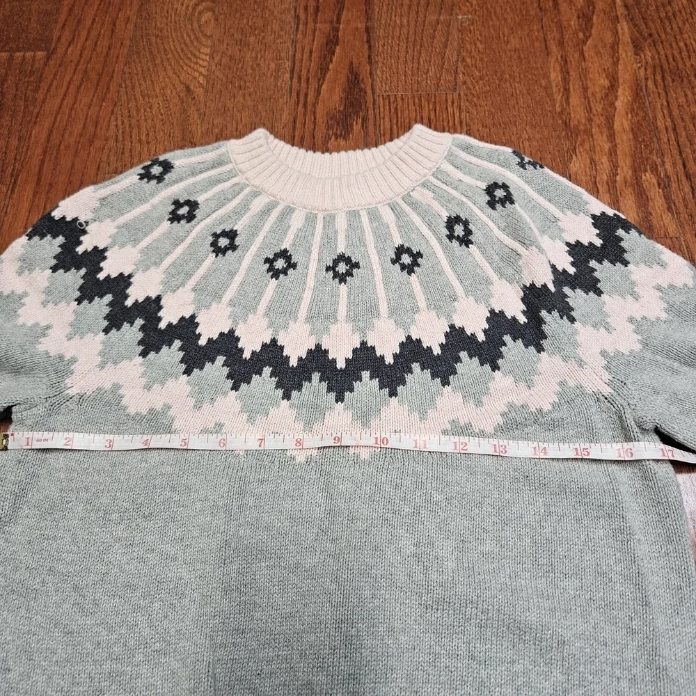 J. Crew Gray and Pink Crew Neck Sweater with Nordic Patterns